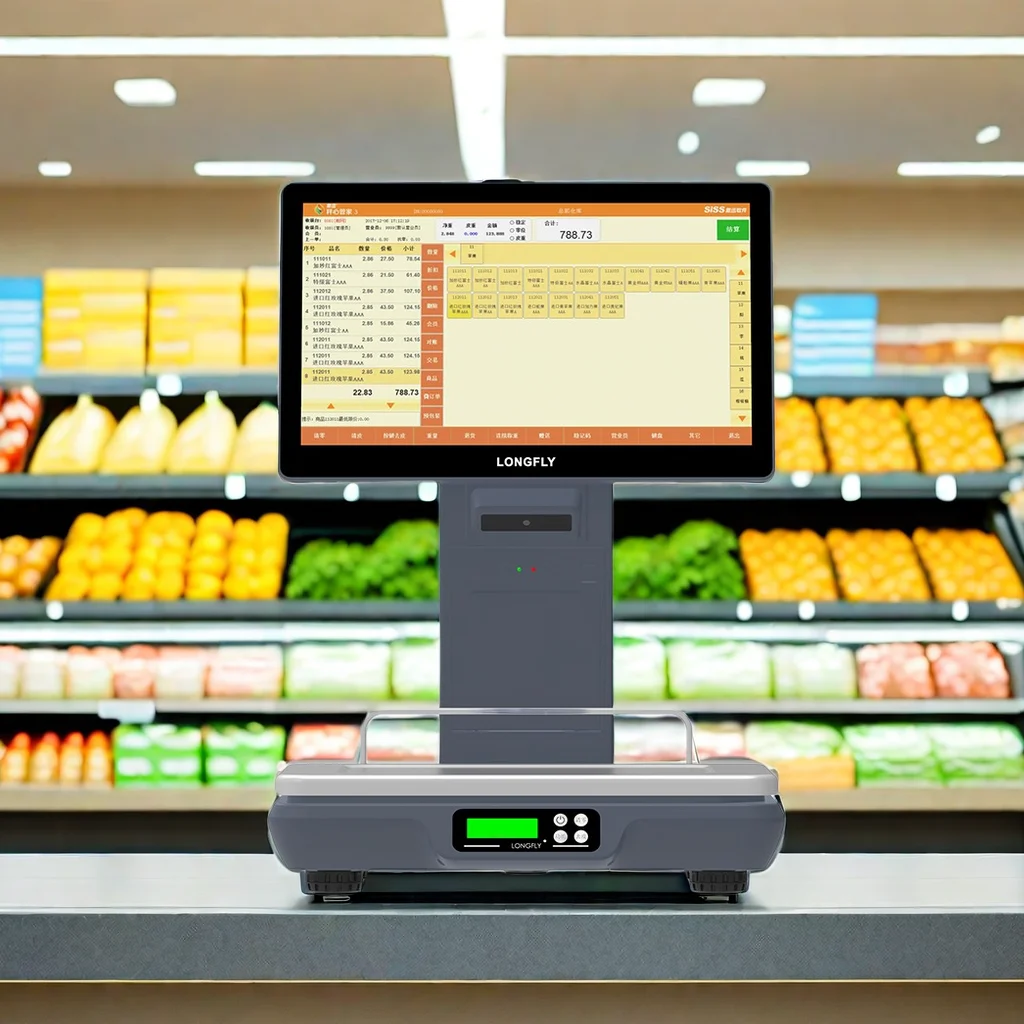 Longfly Android Digital Scale Cash Register POS Barcode Printing Label Retail POS Weighing Scale for Fruit Meat Weight Printer