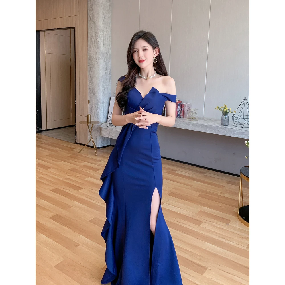 DEERVEADO Off Shoulder Satin Evening Dress for Woman Elegant Formal Occasion Party Maxi Dress Mermaid Slit Long Prom Gown