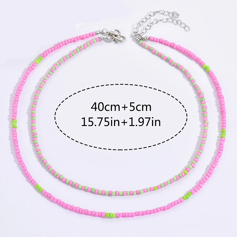 2pcs/set New Bohemian Vintage Pink Green Beads Chain Fashion Necklaces Jewelry For Women Elegant Accessories X0150