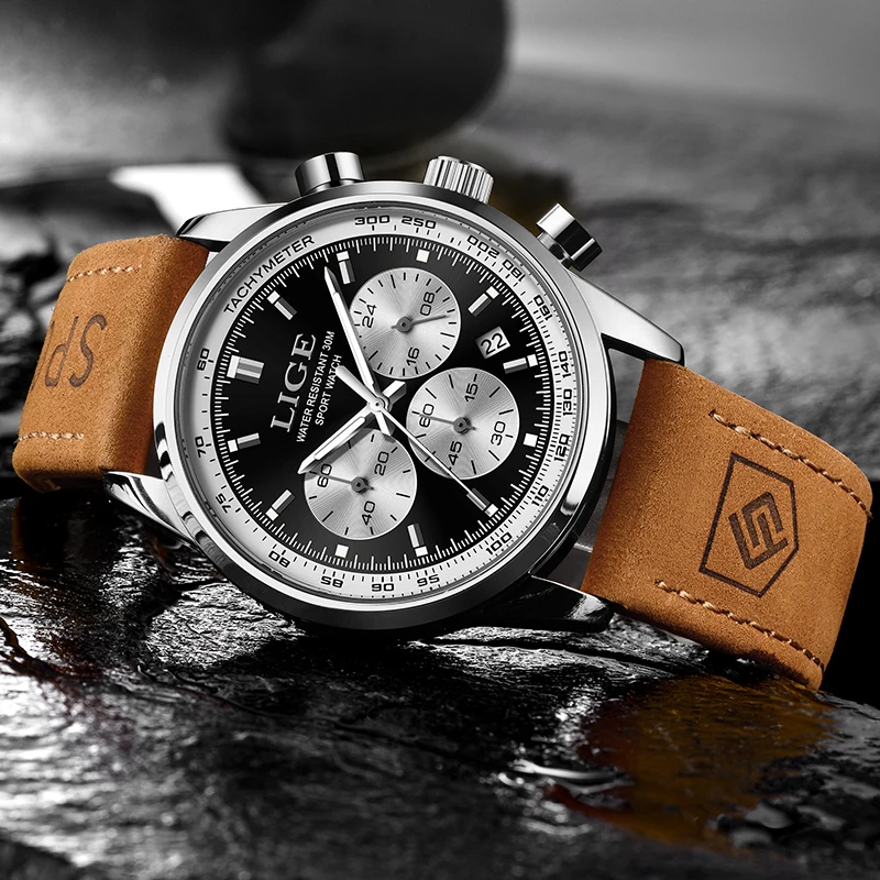 LIGE Mens Watches Brand Luxury Leather Strap Waterproof Sport Quartz Chronograph Military Watch Men Clock Relogio Masculino+BOX
