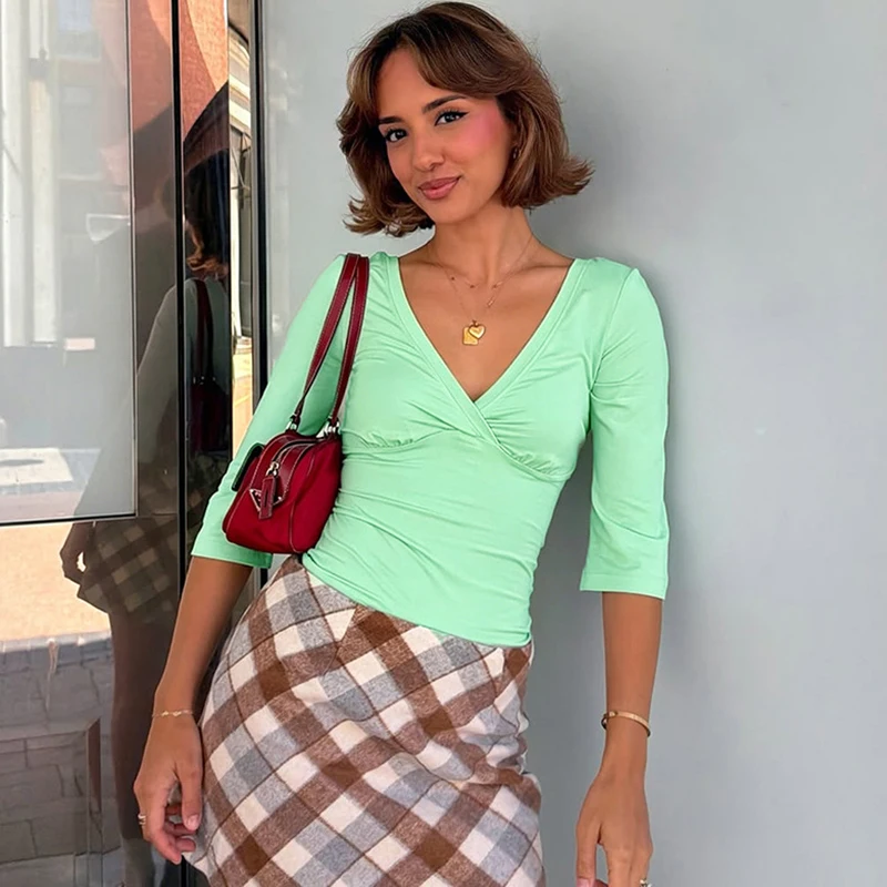 

Tornova Women's Casual Ruched T Shirt Solid Color Slim Half Sleeve Top Deep V Neck Sexy Office Lady Clothes 2026 Summer Fashion