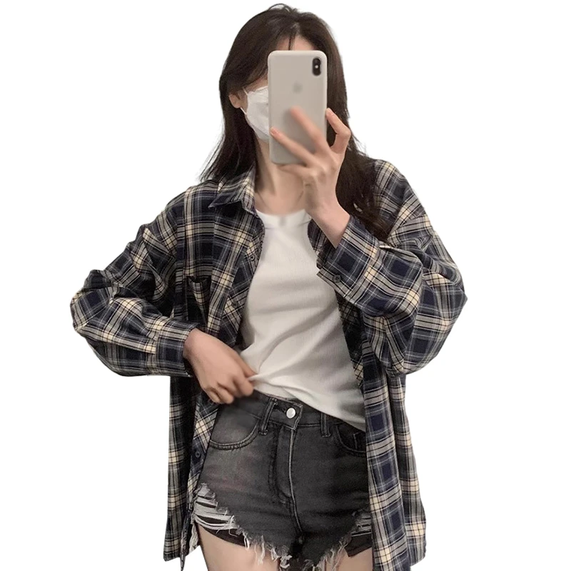 Women Plaid Shirt Long Sleeve Collared Button Up Plaid Shirt Jacket Fashion Loose Casual Blouses Female Breathable Outwear