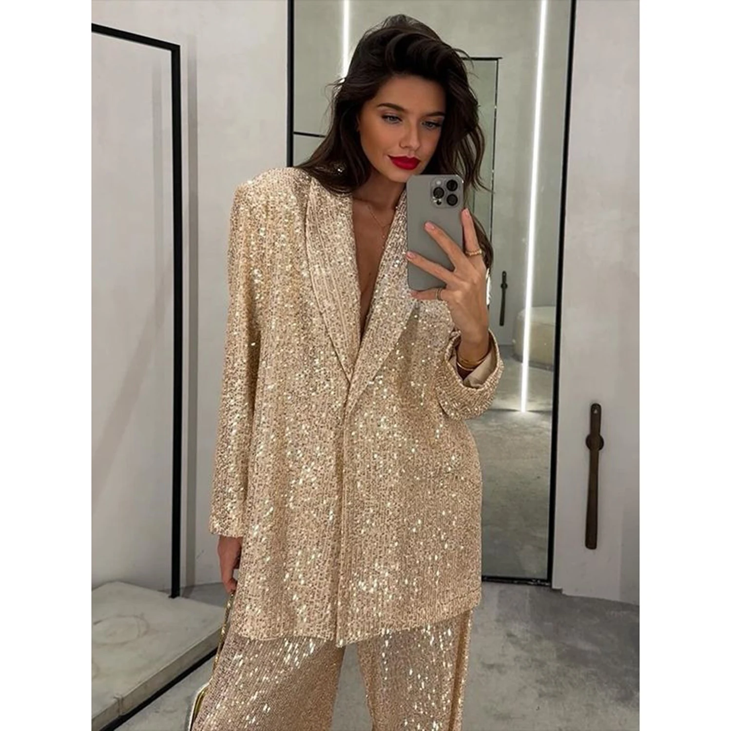 Allingentle Sequined Women's 2 Piece Set Suit One Button Blazer Cocktail Party Outfits Elegant Pantsuit Set Customize