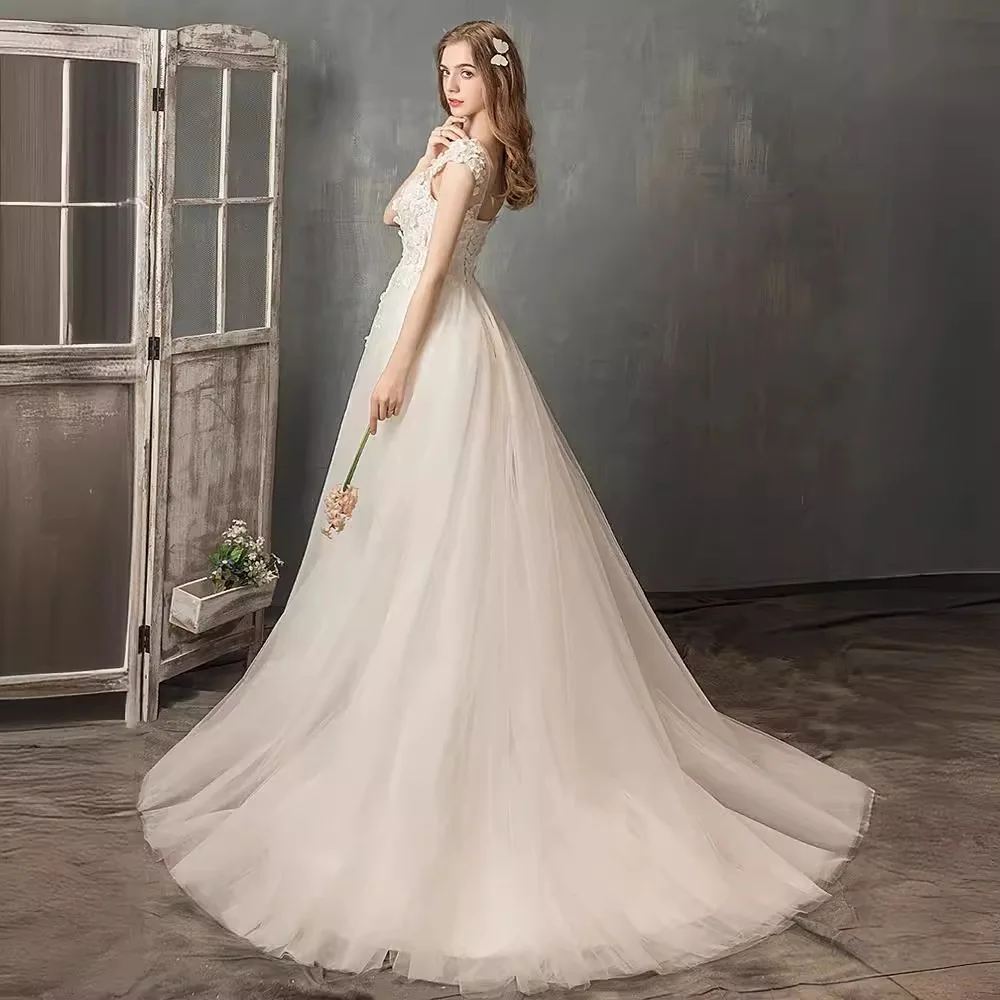 Customized Vintage Illusion Neck Cap Sleeve Lace A-Line Wedding Dress 3D Floral Bodice Tulle Train Bridal Reception Boho Outdoor