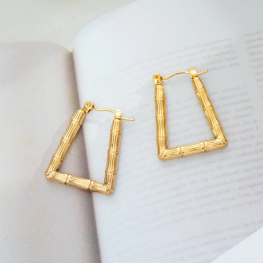 Creative Stainless Steel Bamboo Design Geometric Hoop Earrings Gold Plated Women Personalized Irregular Ear Jewelry Party Gift