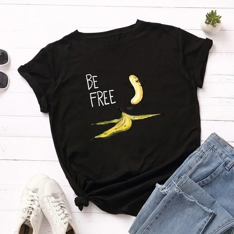 Be Free Funny Banana Print T Shirt Women Short Sleeve O Neck Loose Tshirt Summer Women Tee Shirt Tops Camisetas Mujer