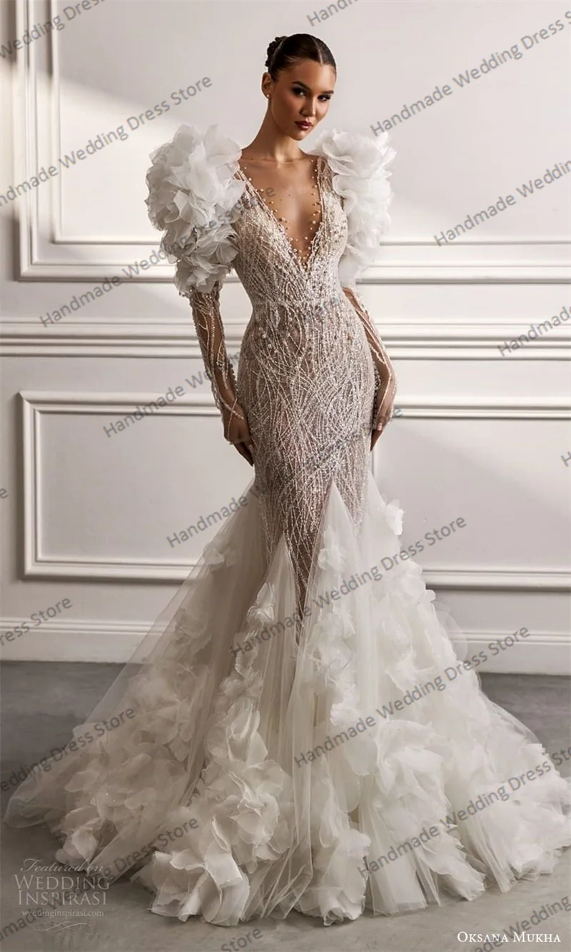 

Luxury Crystals Wedding Dress 3D Flower Sexy V Neck Full Sleeves Mermaid Bridal Evening Gown Customized Beach Garden Long Robe