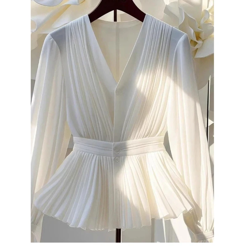 New Temperament V Neck Pleated White Blouse Women Clothing Long Sleeve Solid All-match Elegant Shirt Tops Fashion High Street