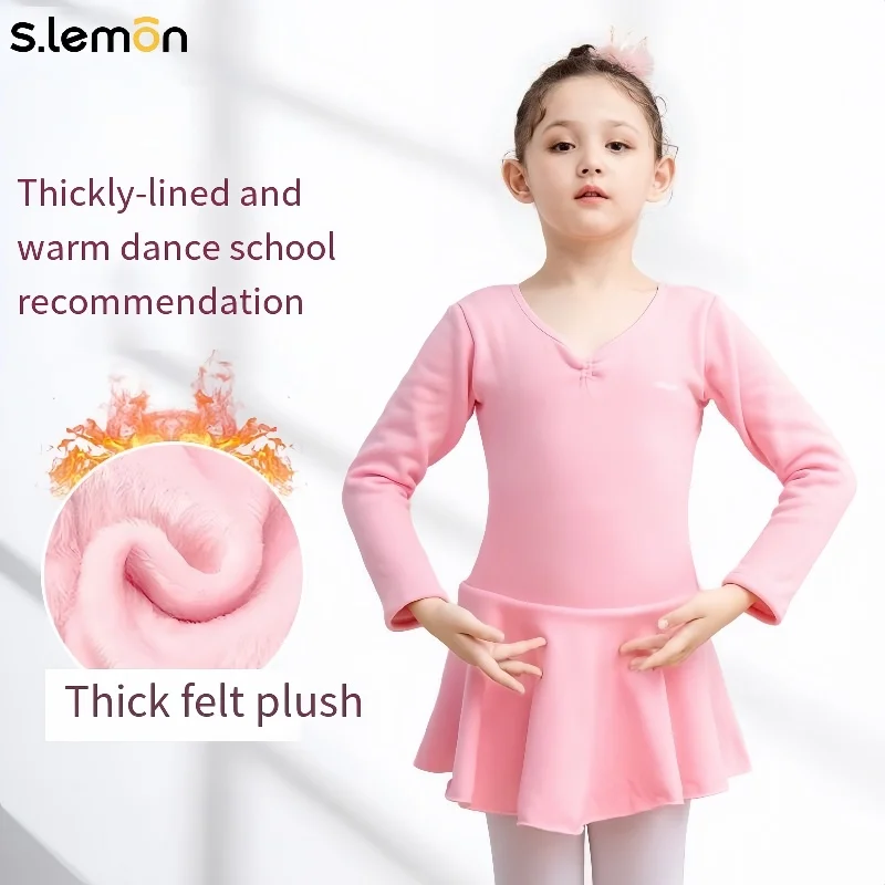 

S.lemon Kids Ballet Leotard Dress Warm Fleece Dancewear Girls Long Sleeve Thickened Gymnastics Outfit Winter Skirts Cold Weather