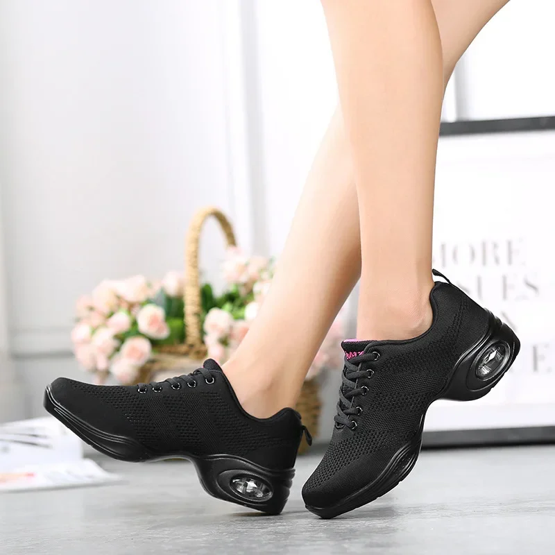 Red Jazz Dance Shoes Girls 2026 Summer Mesh Breathable Sneakers Solid Color Increase Women Soft Bottom Air Cushion Modern Dance