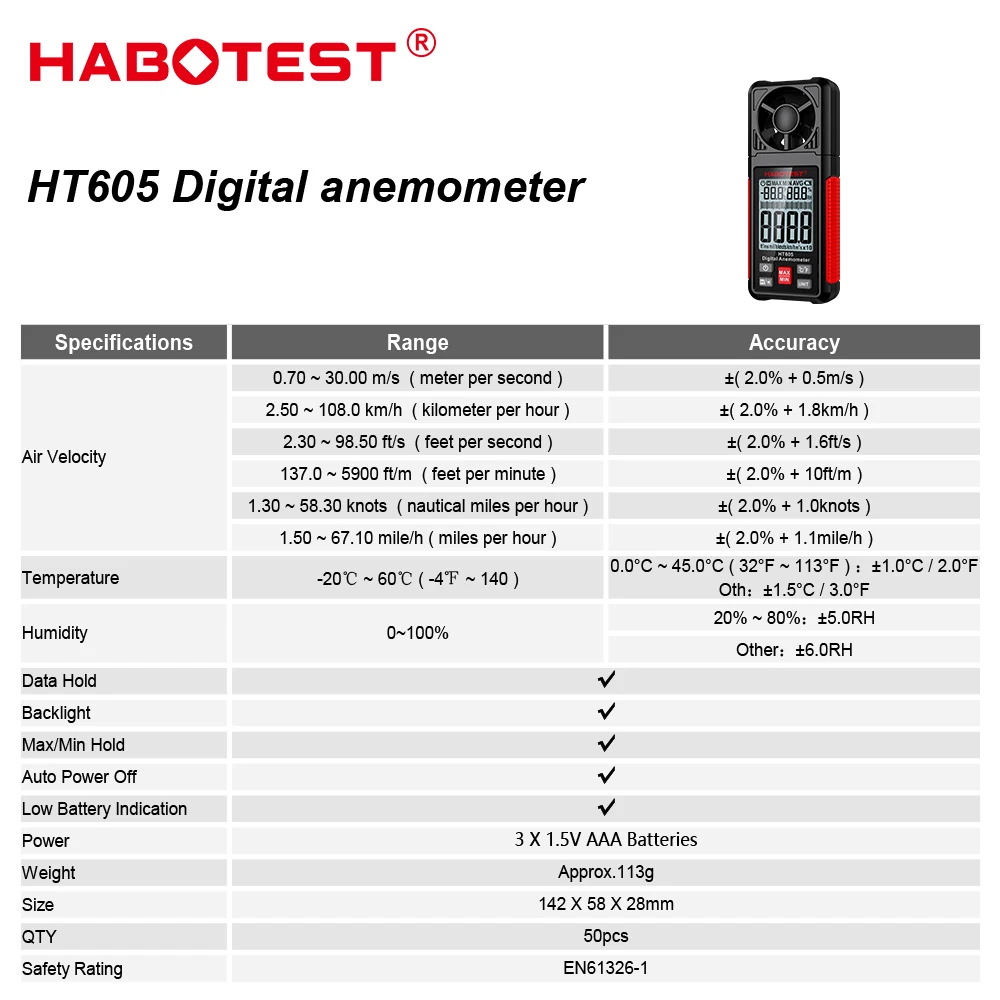 Imagem -02 - Anemômetro Digital Portátil com Display Lcd Backlight Medidor de Velocidade do Vento Medidor de Velocidade do ar Windmeter Temperatura Umidade Ht605