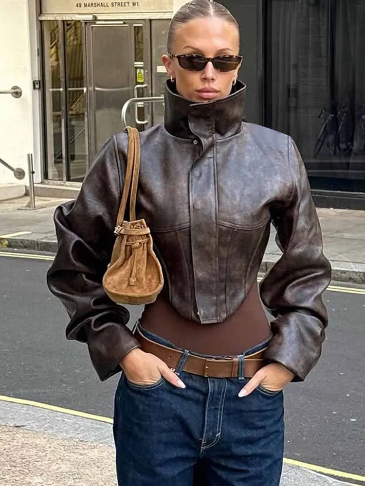 BKQU Vintage Leren Jas Vrouwen Onregelmatige Stand Kraag Rits Afslanken Crop Jas Mode High Street Lady PU Bovenkleding 2025