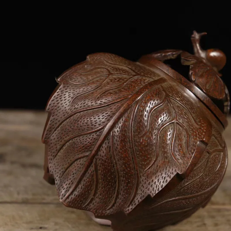 Copper Snail Lying on Branch Leaf Incense Burner Ancient Casting  Finely Polished  Lighting incense creates an elegant atmospher