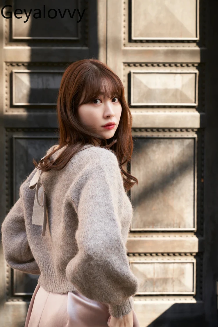 

Japanese Style Autumn Winter Back Tie Bow Round Neck Pullover Sweater Fashion Casual Knitwear Short Sweaters Top for Women