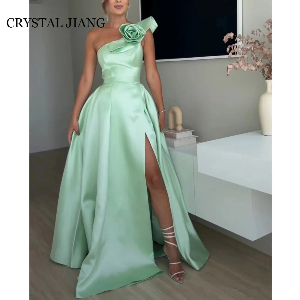 

Classy Long One Shoulder Satin Evening Dresses Sleeveless with Slit A Line Floor Length Vestidos De Noche Elegantes 2024