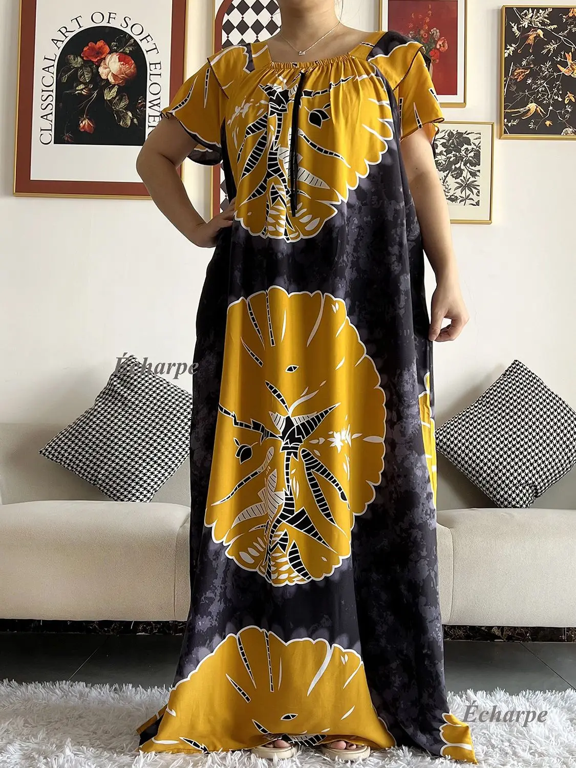 2023 African Dashiki Dress Kaftan Abaya Cotton Boat-neck Floral Dress Printed Short Sleeve Loose Women Casual Dress with Scarf