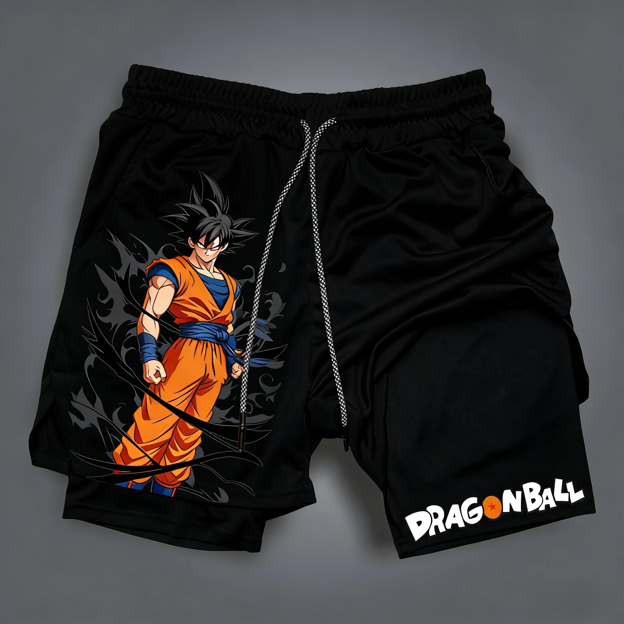Dragon Ball Wukong Printed Double Layer Shorts for Men, Elastic Drawstring, Spring/Summer Breathable Sports and Fitness Shorts