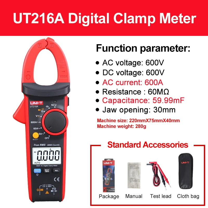 UNI-T UT216C 600A Digitale Klemmeter UT216A Klemmeter Tang NCV Auto Range Klem Multimeter HVAC Gereedschap