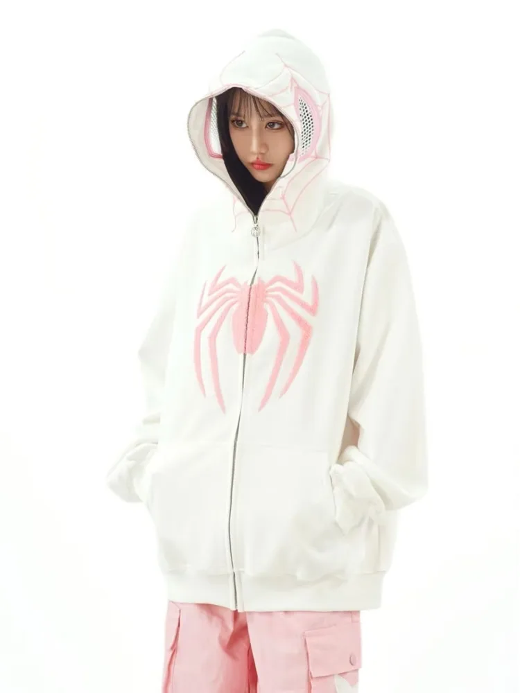 Vintage Embroidery Spider Hoodie Women Men Casual Full Zip Up Hood Shirt Harajuku Streetwear Oversized Sweatshirts Y2K Clothes