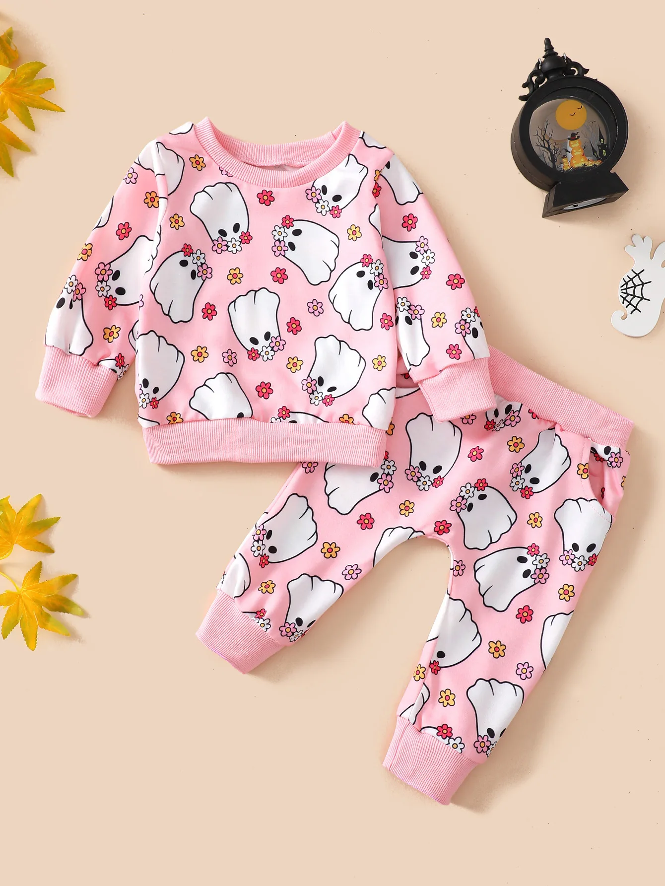 2PCS Baby Boys & Girls Cute Cartoon Ghost Print - Soft Cotton, Casual Wear, Best For Fall And Halloween Season