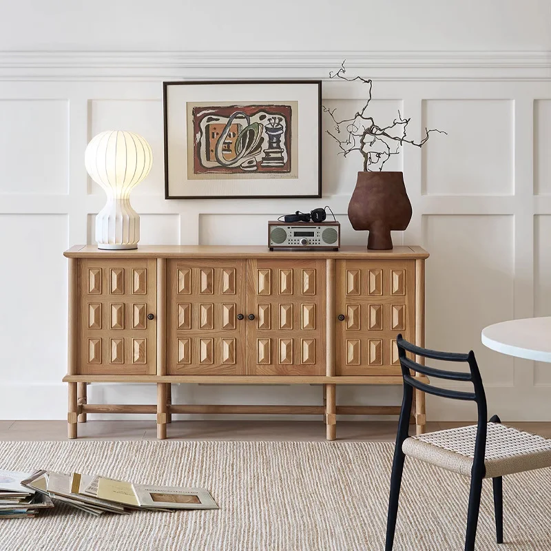 

French retro solid wood carved dining side cabinet, antique living room storage, entrance , American light luxury