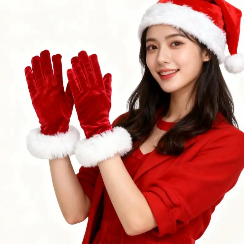 Santa Claus Gloves White Fur Red Velvet Long Gloves Christmas Festive Costume Accessories Mittens Cosplay Performance Props