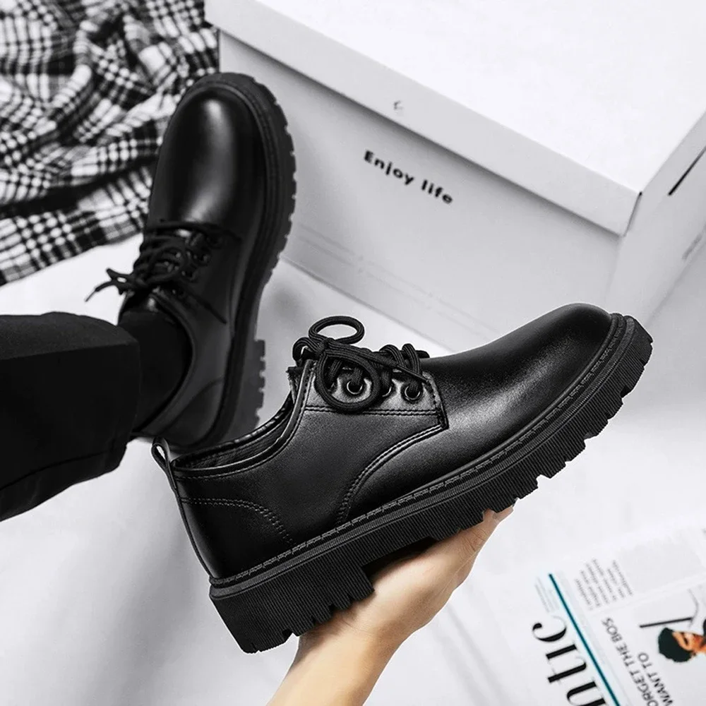 Leather Shoes Men Business Formal Casual Shoes Students Thick Bottom Lace Up Round Head Non-slip Comfortable Outdoor Shoes