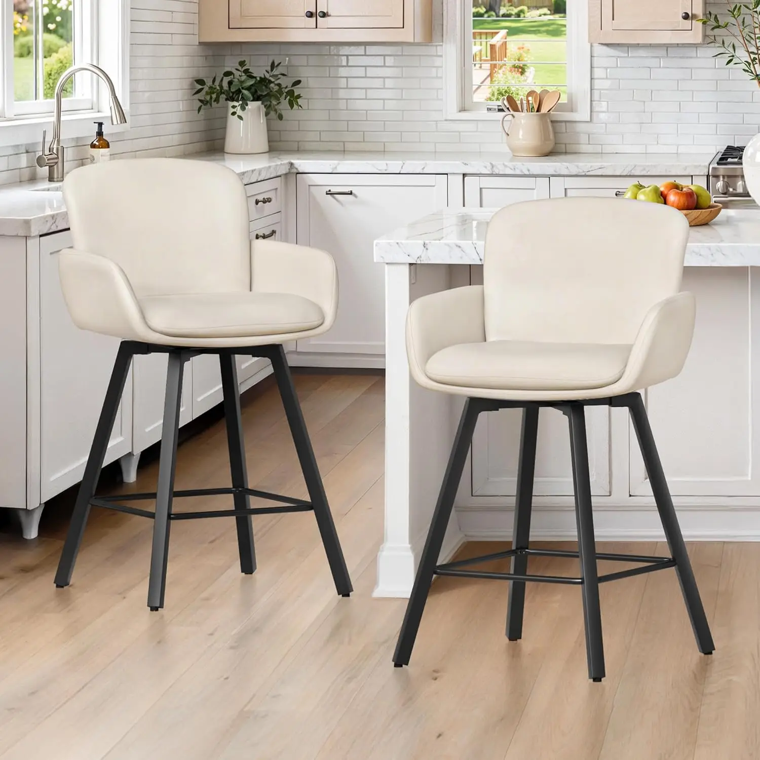 

26" Swivel Bar Stools Set of 2, Counter Height Bar Stools with Backrest and Arms, Modern Upholstered Barstools with Metal Leg
