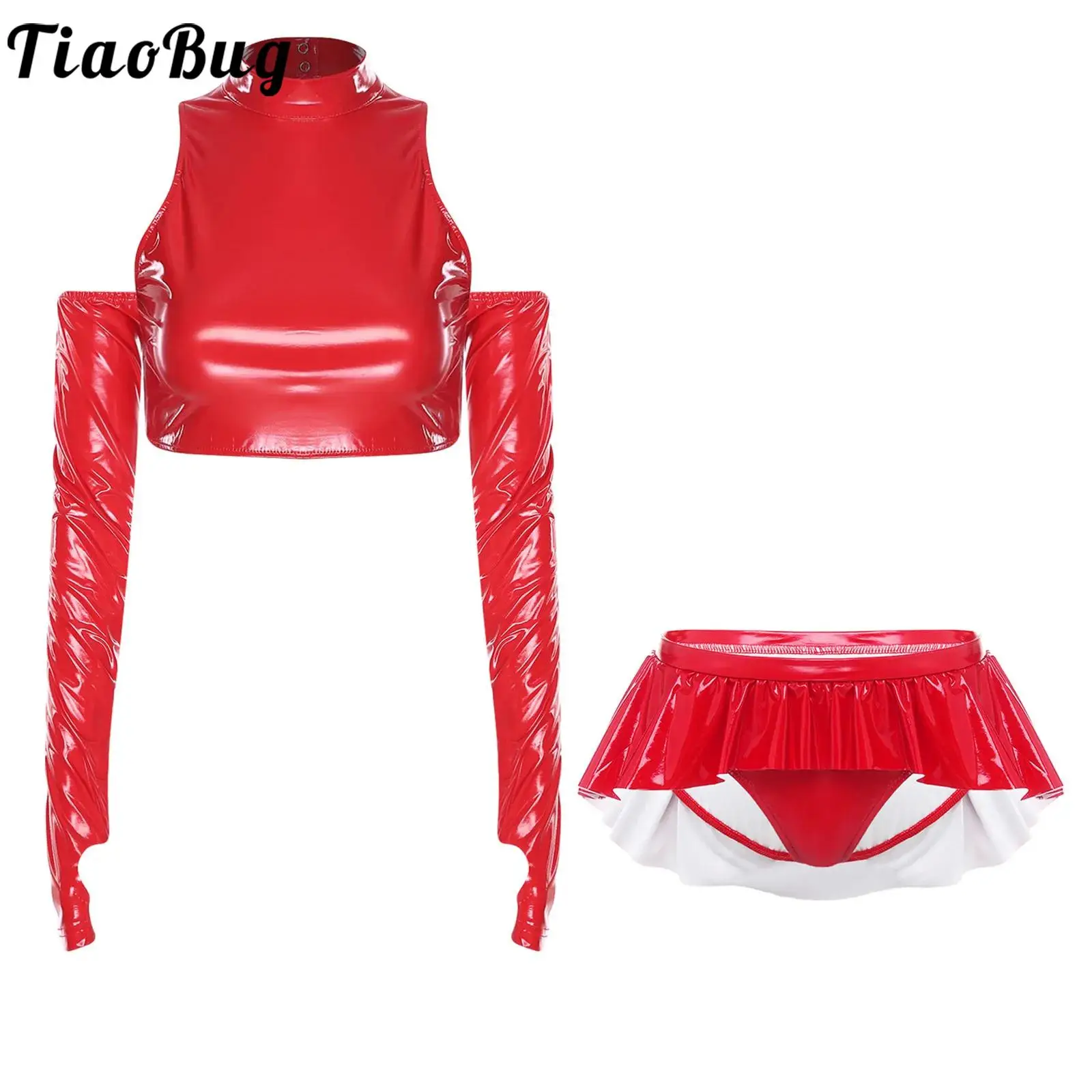 Women Glossy Rave PU Leather Party Outfit Set Dancing Night Clubwear Cold Shoulder Long Sleeve Crop Top And Ruffled Skirted