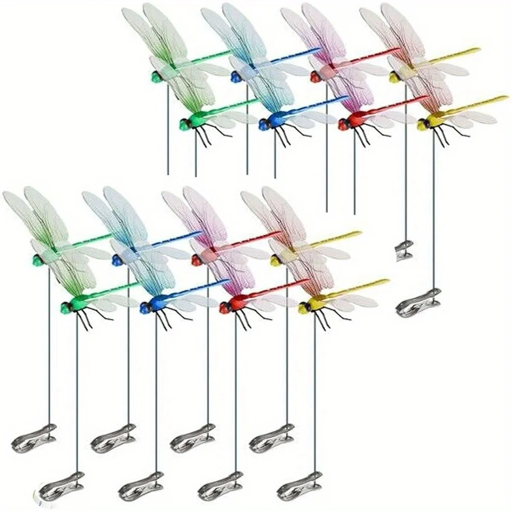 12 Stück realistische 3D-Libellen-Clips, Gartenstecker, dekorative Dekorationen für Terrasse, Garten, einfach anzubringen, Gartenzubehör – Detail 5