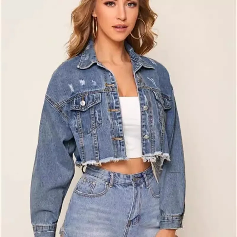 spring new Vintage hole denim short jacket women single-breasted casual jeans coat Clothes Female loose Outwear streetwear T498