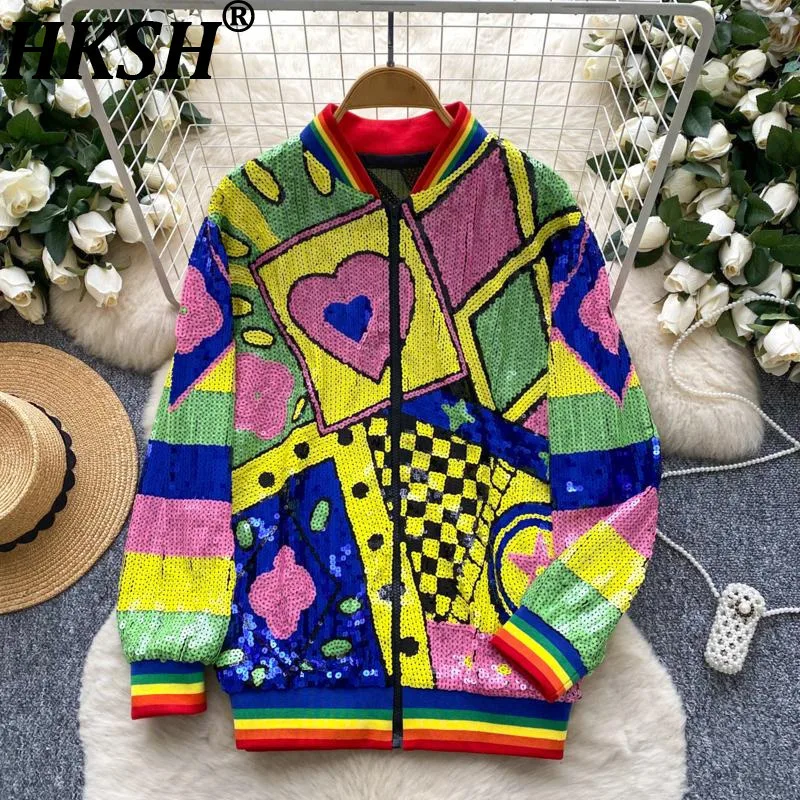 

HKSH Autumn New Women Chic Jacket Heavy Craft Irregular Sequin Design Long Sleeve Zipper Streetwear Hip Hop Stylish Coat HK10625