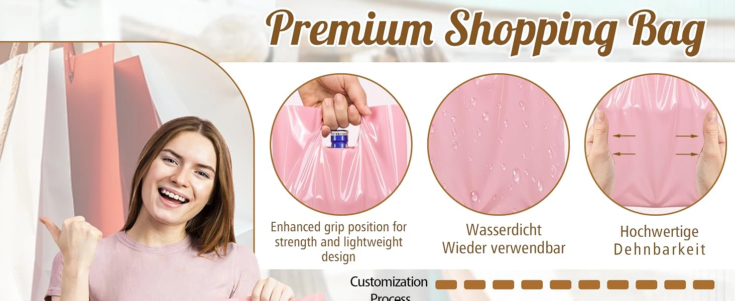100 Stück individuelle Einkaufstüten aus Kunststoff mit Logo, personalisierte Geschenktüte für kleine Unternehmen, Verpackungen, Einzelhandel, Messen, Veranstaltungen, Partys – Detail 2