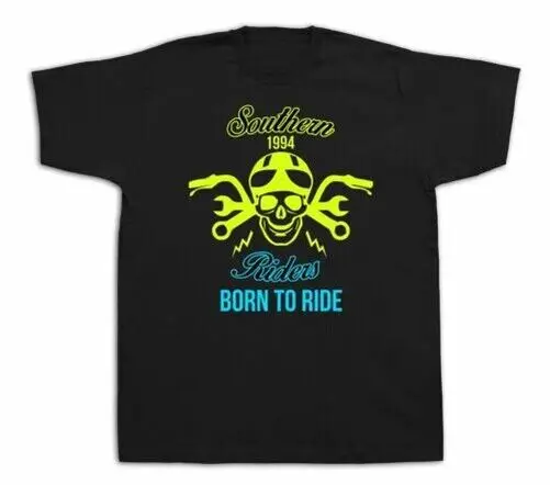 Neuf Homme Coton T-Shirt Imprimé Du Sud Motards Né To Ride Crâne Design Rétro