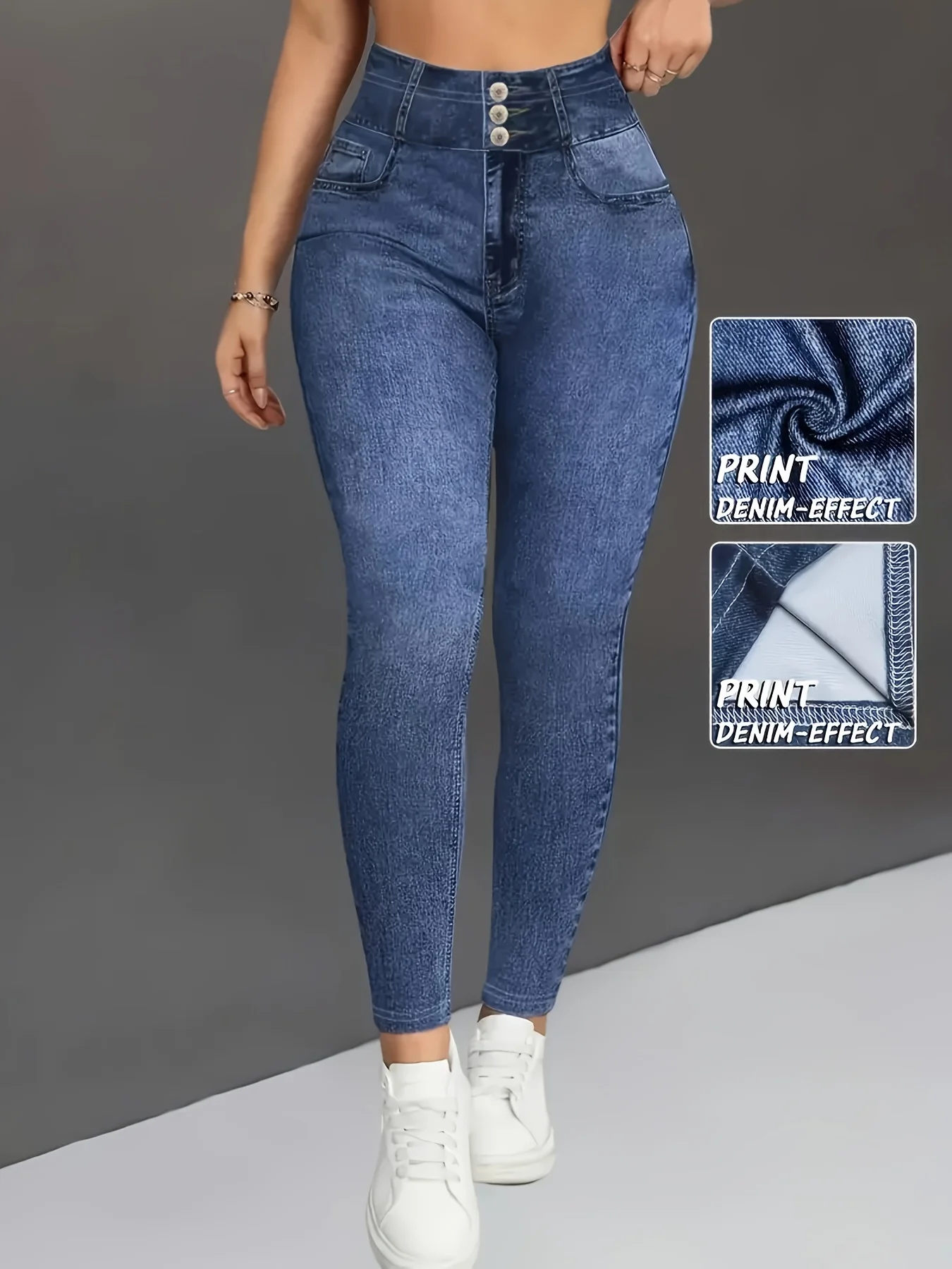 Women Printed Leggings Not Denim Fabric, Fake Pocket & Button Print Design Pants, High Elastic Fashion Slim Fit Skinny Casual