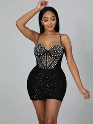 Party Club Luxury Short Skirt Women's Sparkling Hot Diamond Spliced V-neck Mesh Tight Midi Mini Skirt Sexy Pencil Sling Dress