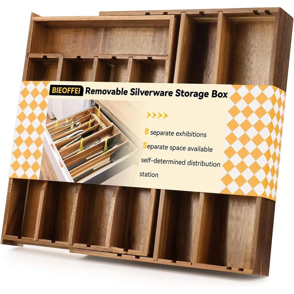 

Органайзер для столовых приборов из дерева акации с 8-секционным регулируемым подносом для кухонной утвари и столового серебра