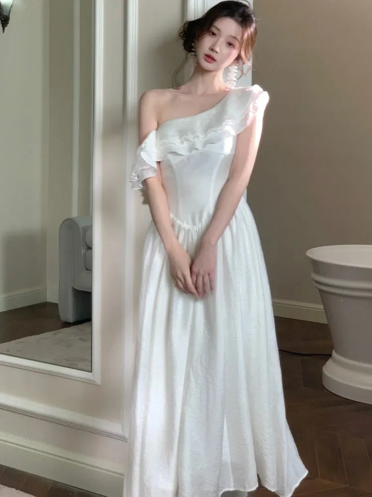 妖精エレガントなフリルパーティードレス女性無地 A ライン誕生日傾斜肩イブニング韓国ウエディングドレスホリデー女性ローブ