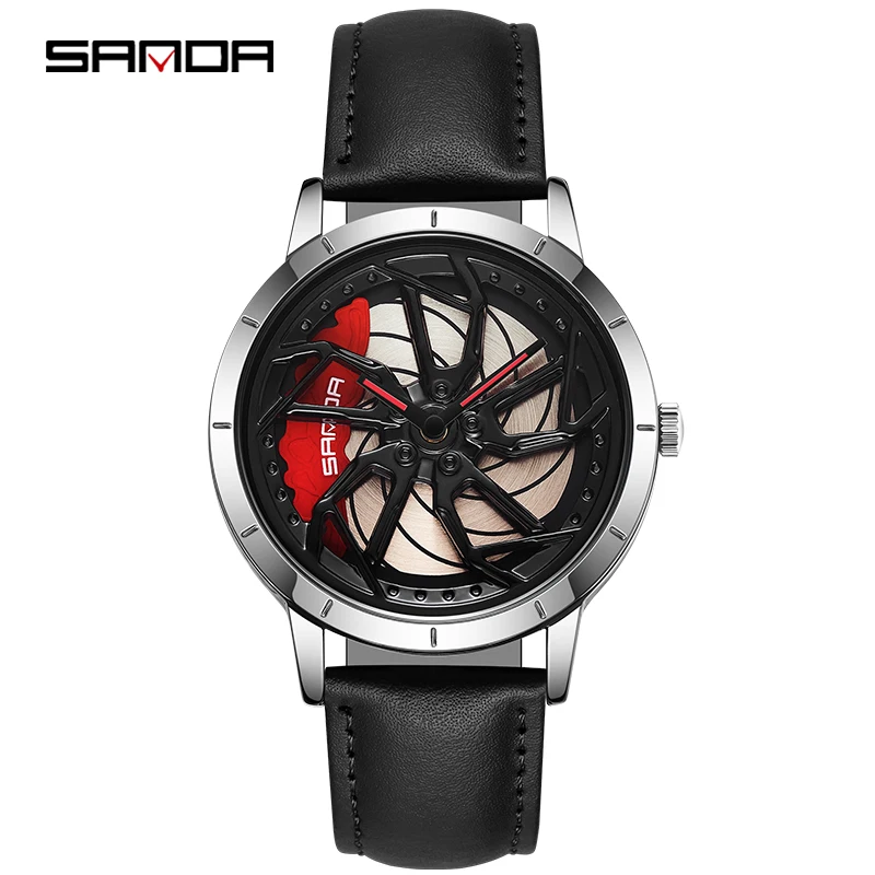 SANDA 1086 360 Degrees Rotating Wheel Dial Men\'s Quartz Watches Men Fashion Business Racing Car Rim Wristwatch Relogio Masculino