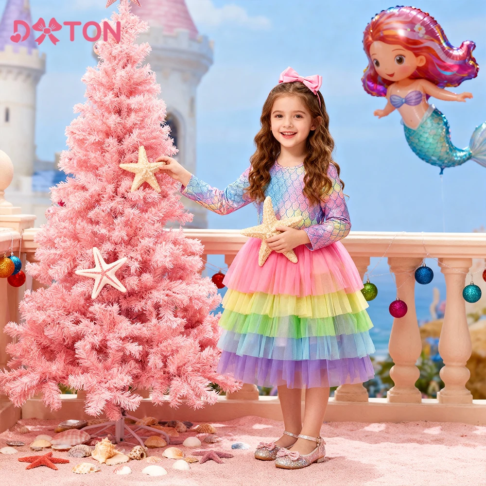 DXTON Children Birthday Party Girls Dresses Layered Cake Wedding Kids Dress Gradient Mermaid Cosplay Dress Girls Elegant Costume