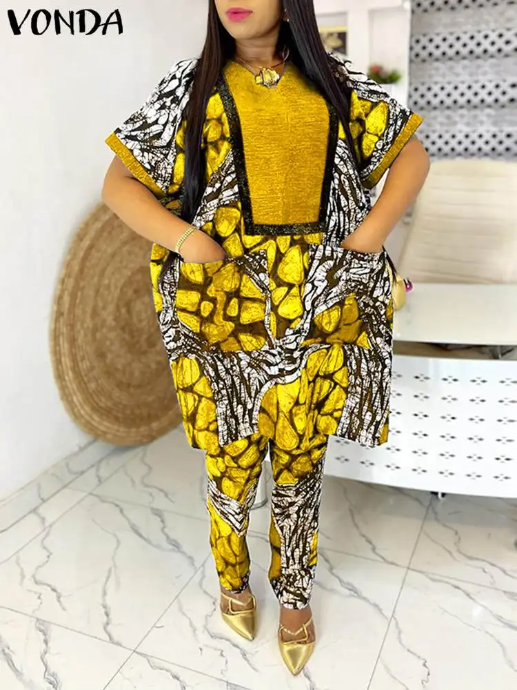 

Plus Size VONDA 2024 Bohemian Women Printed Pant Sets Summer 2pcs Short Sleeve Tops Long Pants Vintage Casual Suit Oversize 2pcs