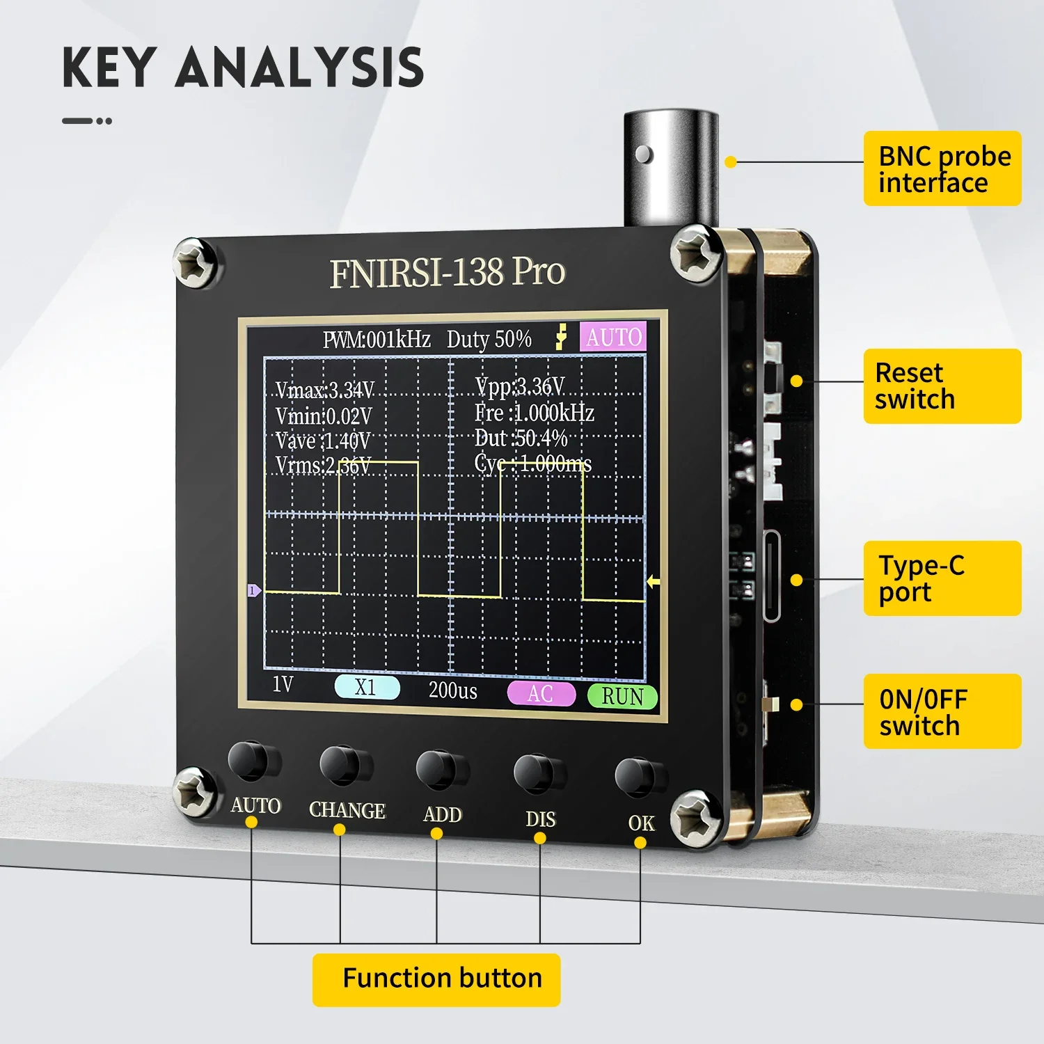 FNIRSI 138PRO Handheld Digital Oscilloscope 2.5MSa/s 200KHz Analog Bandwidth Support AUTO,80Khz PWM And Firmware Update
