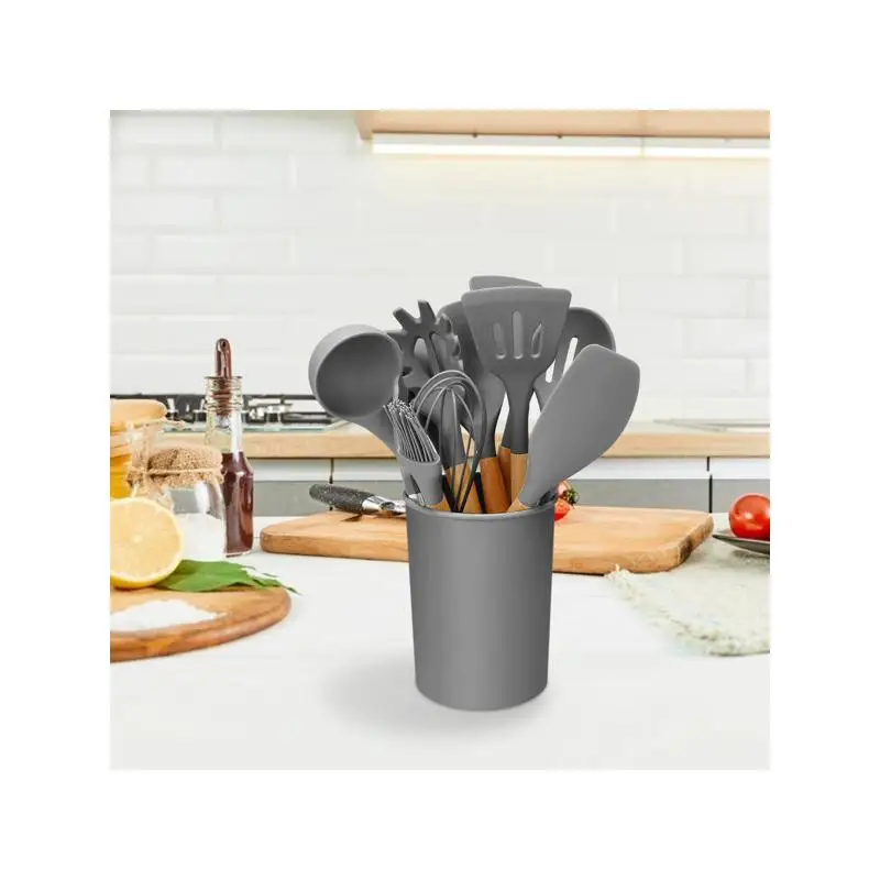 

11-Pc Silicone Utensil Set, Heat-Resistant Wooden Handle, Spatula, Ladle, Spaghetti Server, Tongs, Spoon, Egg Whisk, Kitchen