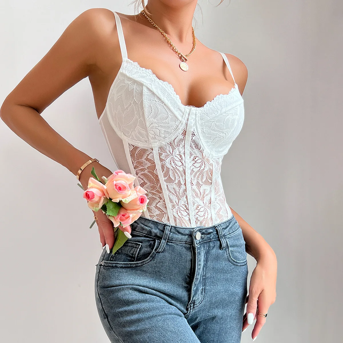 2024 Summer Hot Sexy Lace Slim-fit Backless Hollowed Mesh Onesie Solid Color Floral Embroidery V-neck Strap Bkini Style Bodysuit
