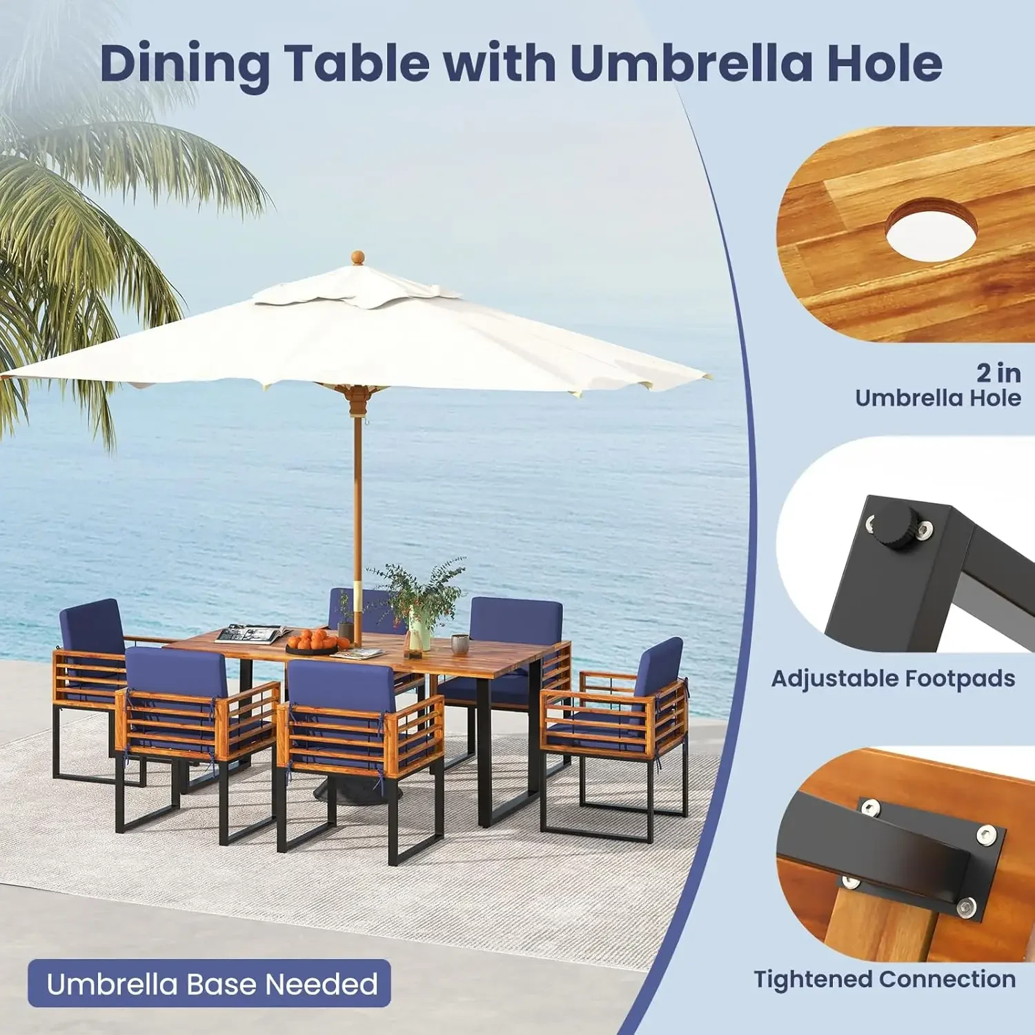 Outdoor Wood Dining Furniture W/Chairs, Acacia Wood Table W/Umbrella Hole,Cozy Seat Cushions,Outside Furniture Set for Backyard