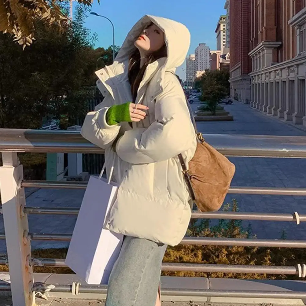 Abrigo de algodón grueso con capucha para mujer, Abrigo acolchado grueso a prueba de viento, puño elástico cálido de longitud media hacia abajo,