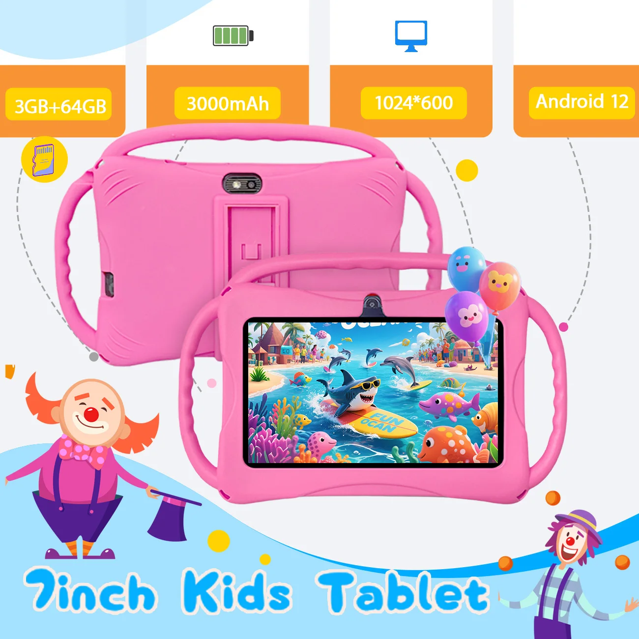 تابلت للأطفال 7 بوصة مع ذاكرة وصول عشوائي 2 جيجابايت + 32 جيجابايت ROM + SD توسيع، 3000 مللي أمبير، كاميرا مزدوجة، مع تحكم الوالدين وتعليم الأطفال، هدايا للأطفال