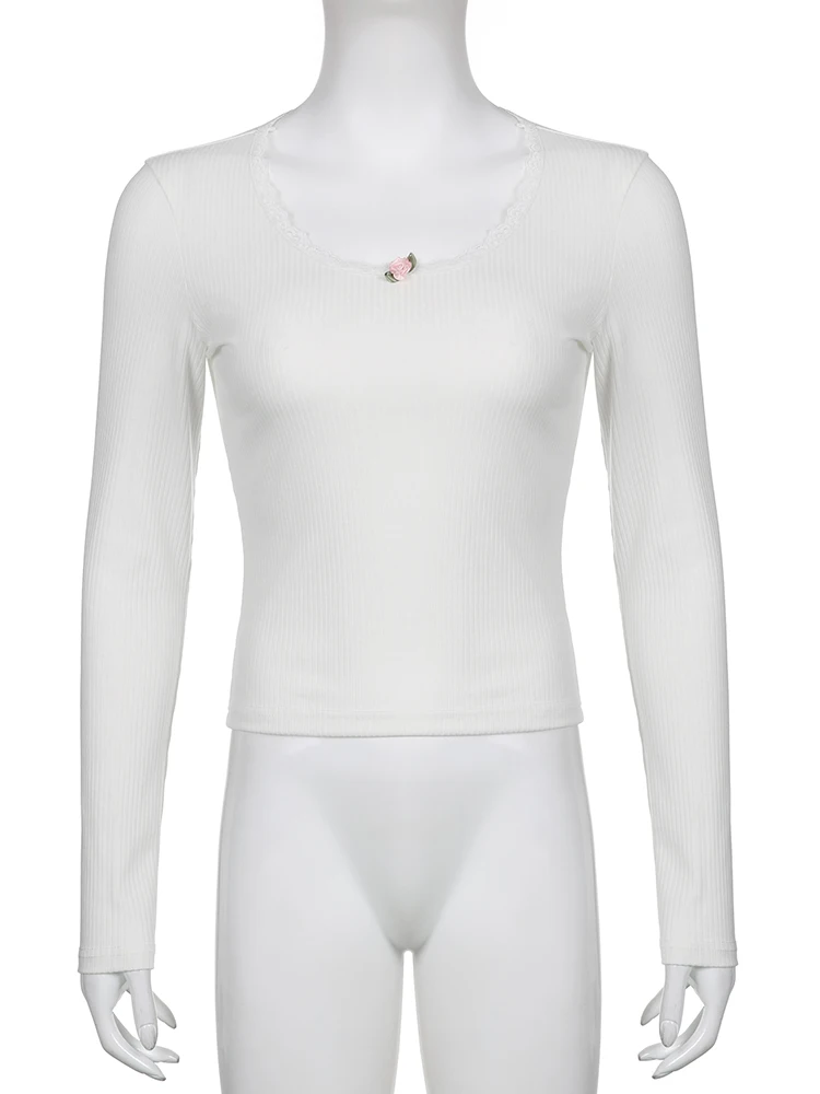 Y2K-T-shirt à Manches sulfet Col Rond pour Femme, Décontracté, de Soirée, de Rue, Solide, Document, Slim, Crop, Ogo, Base