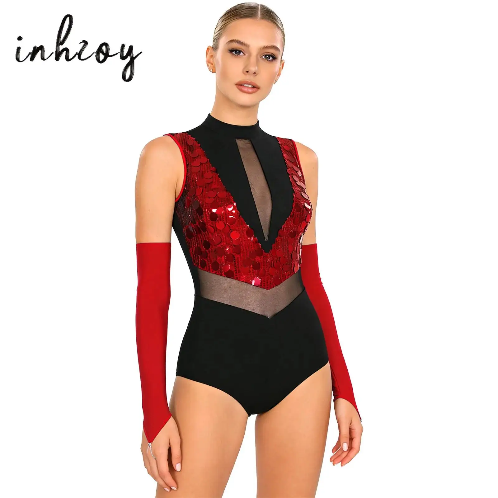 

Women Gymnastics Leotard Jazz Latin Dance Performance Outfit Sleeveless Mesh Waist Cutout Sparkling Sequins Bodysuit with Gloves