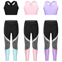 Calças sem mangas em U Neck Crop Top e Leggings para crianças, roupas esportivas de ioga para meninas, treino de ginástica